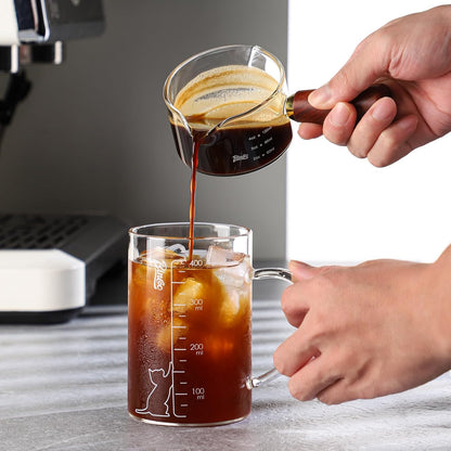 Espresso Shot Glasses with Wood Handle, 120ml Glass Coffee Bean Dosing Cup with Spout,Clear Espresso Measuring Cup Glass for Barista Coffee Measure (Single Spout)