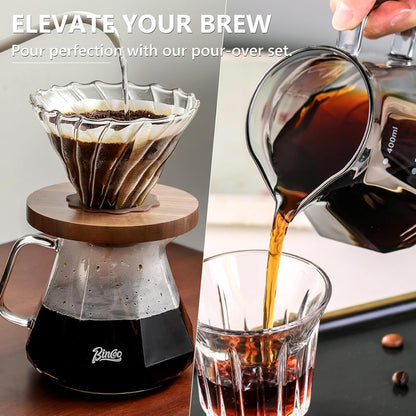 Pour Over Coffee Maker Set - Borosilicate Glass Dripper with Walnut Handle & Glass Lid, 50 pcs V60 Paper Filters Included - 600ml Pour Over Coffee Dripper for Home, Café, & Camping (Transparent)
