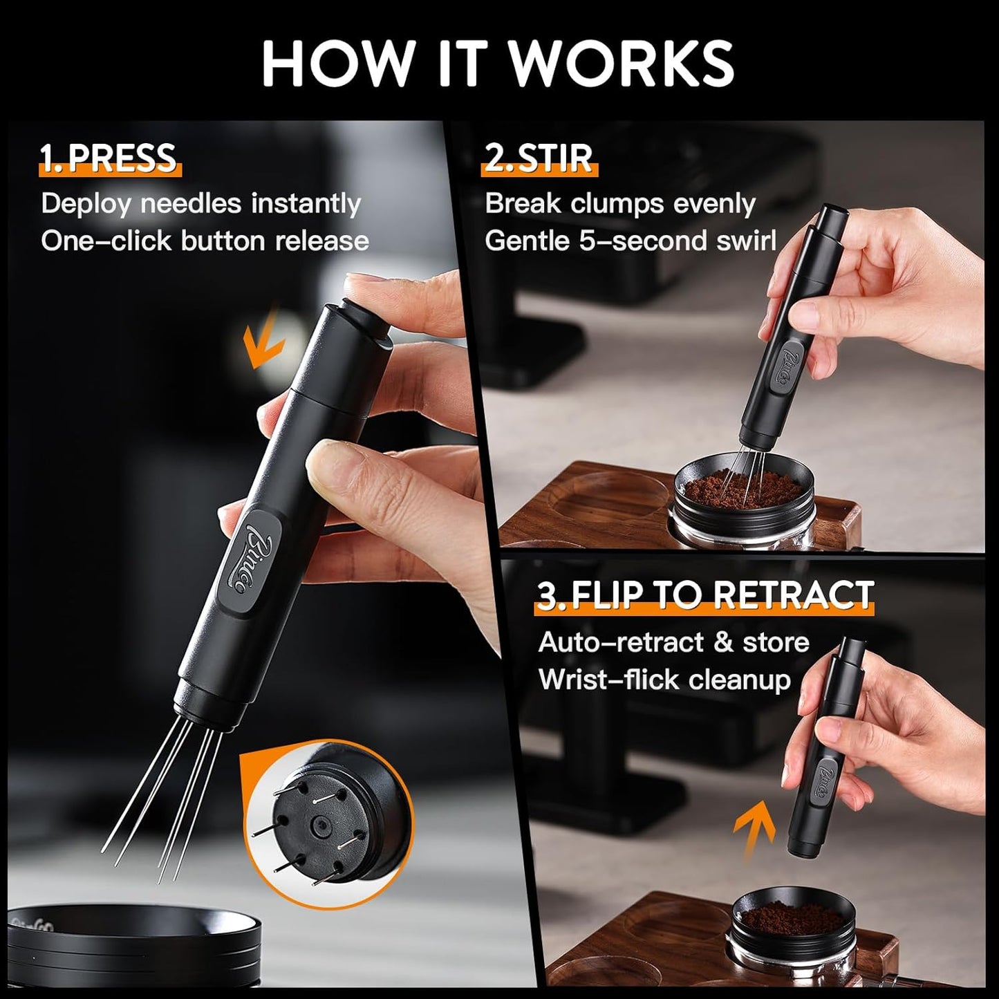 Retractable WDT Tool Espresso Distribution Tool - Coffee Distributor Espresso Stirrer for Barista with Storage Stand & Extra 6 Replaceable Needles (Black)