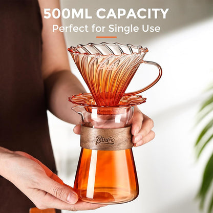 Bincoo Pour Over Coffee Maker Set - 500ML Glass Coffee Server,Glass Carafe with Coffee Dripper and 50PCS Paper Filter, Drip Coffee Maker Set for Home Café Restaurant (Orange)