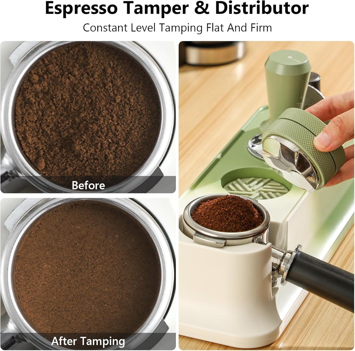 Green 58mm Coffee Distributor & Tamper, Espresso Hand Tamper Tool Fits 58mm Portafilters, Adjustable Depth Coffee Tamper and Leveler