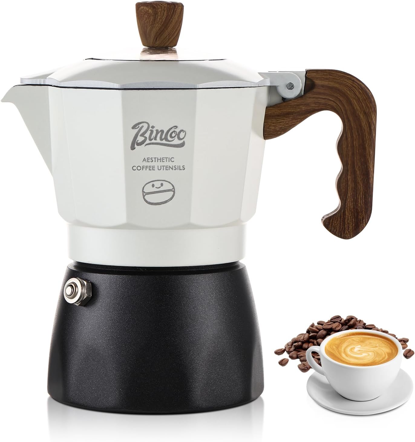Bincoo Espresso Maker Stovetop - 2 Cup/120ML Stove Top Espresso Italian Coffee Maker, Camping Moka Pot (White-black)