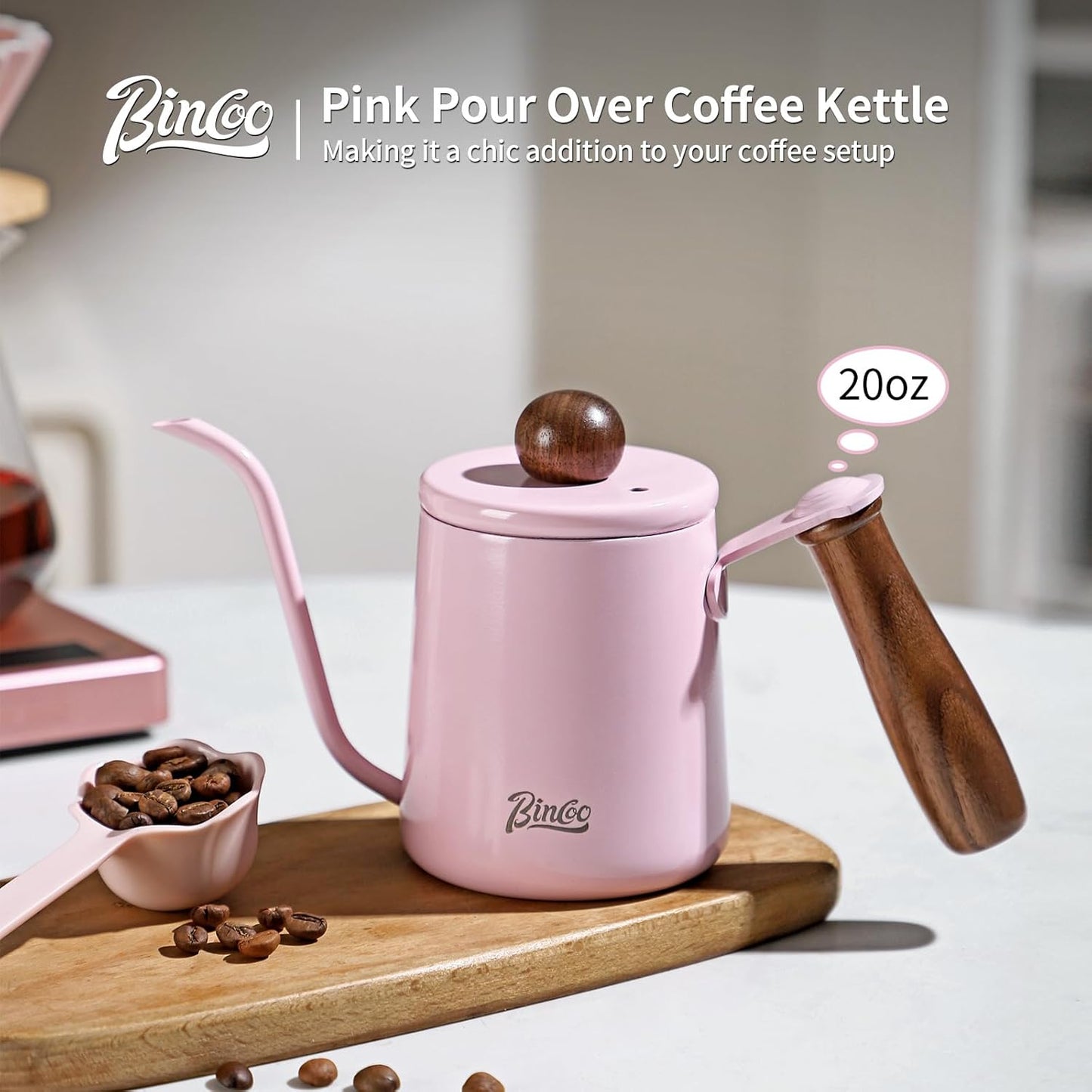 Pink Pour Over Coffee Kettle - 600ML/20oz Stainless Steel Coffee Server Coffee Maker, Hand Drip Coffee Pot with Long Narrow Drip Spout, Flow Spout Design for Drip Coffee
