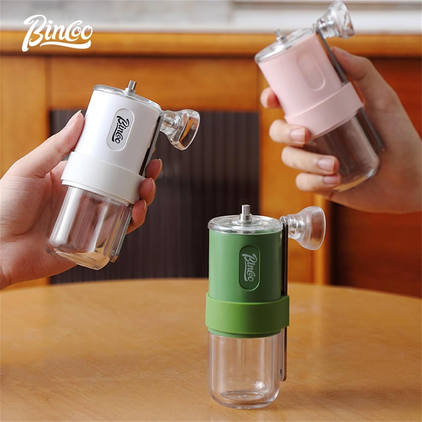Bincoo Portable Manual Coffee Bean Grinder with Conical Ceramic Burr, Foldable Coffee Grinder for Outdoor Traveling Camping, Adjustable Coarseness (Pink)