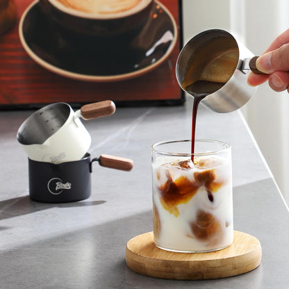 Bincoo GYKF2244 Espresso Shot Cup with Wood Handle,100ML Stainless Steel Espresso Measuring Cup Pouring Cup for Coffee Machine, Home, Barista