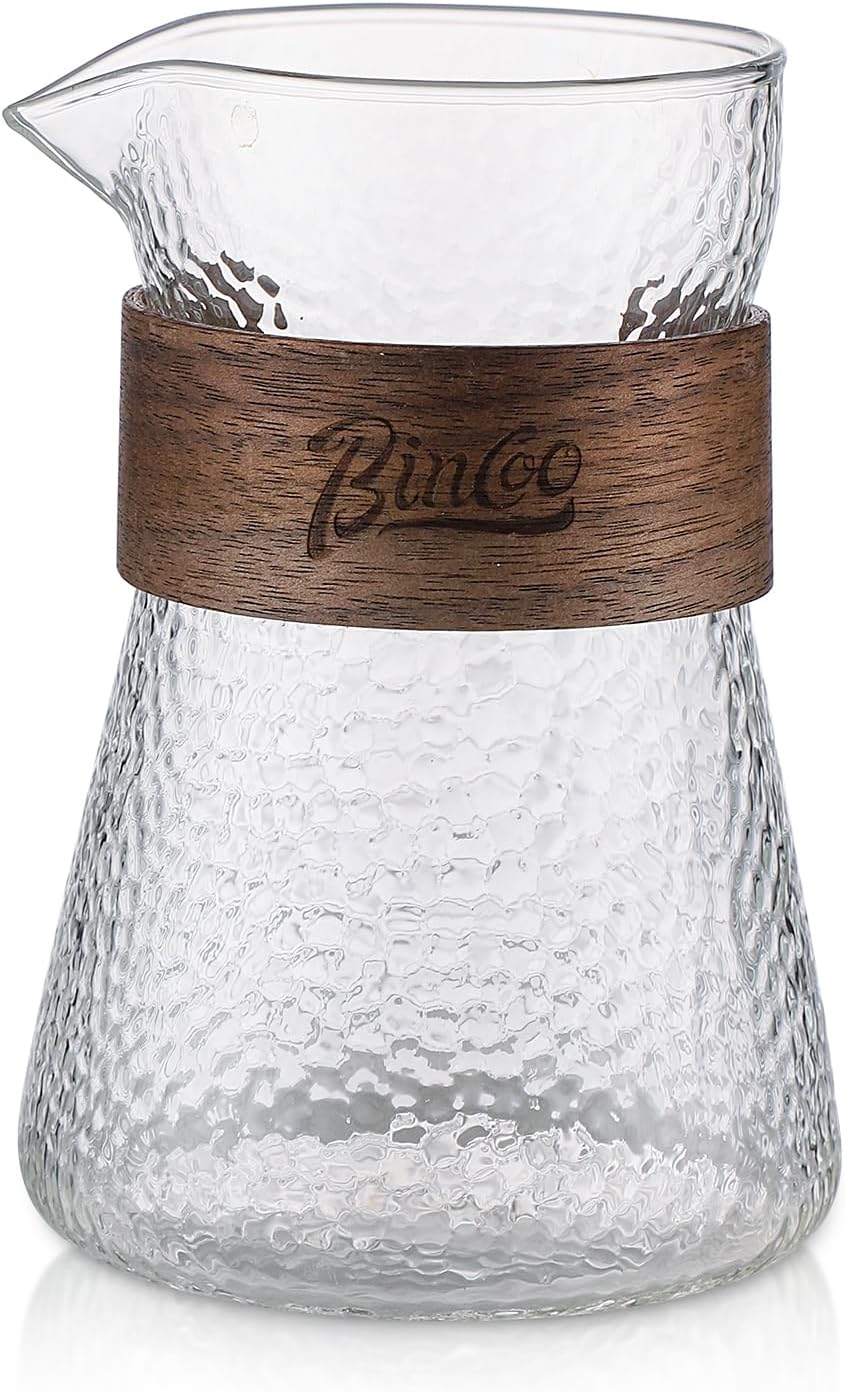 Bincoo GYKF1335 Glass Coffee Server 500ML/16oz - Glass Coffee Carafe with Heat-Resistant Wood Loop,Clear Coffee Decanter Coffee Server for Pour Over, Coffee Pot