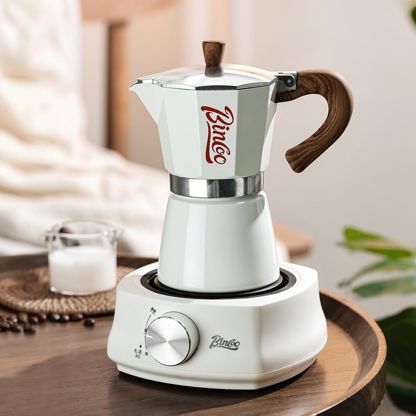 Bincoo Espresso Maker Stovetop, Moka Pot 6 Cups, Espresso Pot Classic Italian Coffee Maker,Single Safety Valve (White, 6 Cup)