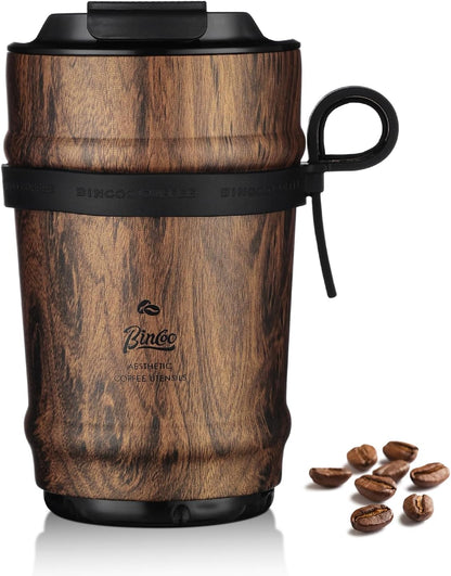 Bincoo 11oz Travel Coffee Mug Tumbler with Flip Lid-316 Stainless Steel Vacuum Coffee Cup with Ceramic Liner for Hot and Cold,Portable Insulation Mug with Rope for Ootdoor Home