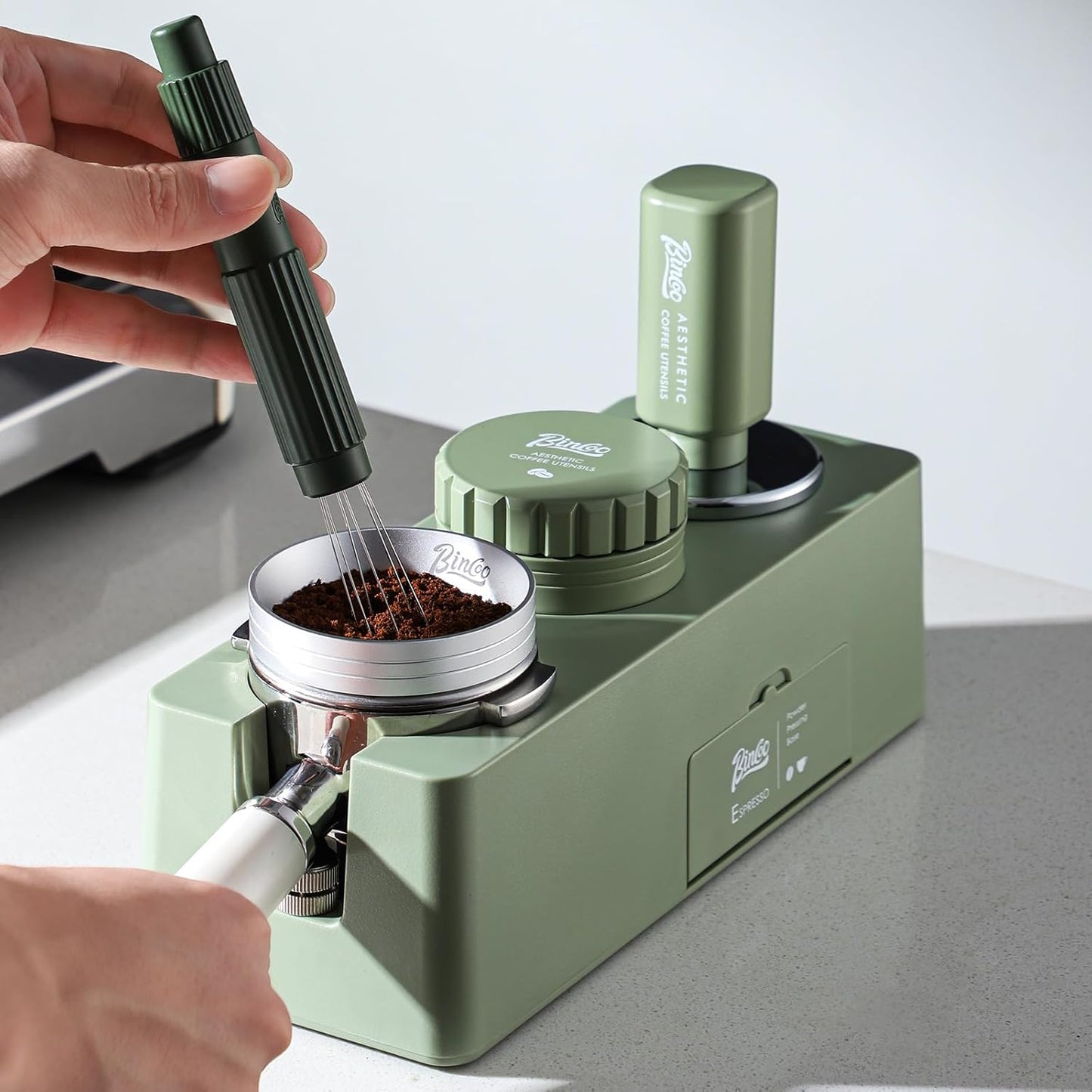 58mm Espresso Tamper - 58mm Coffee Tamper with Spring Loaded and Stainless Steel Ripple Base,Adjustable Depth Espresso Hand Tampers for 58mm Portafilter (Green)