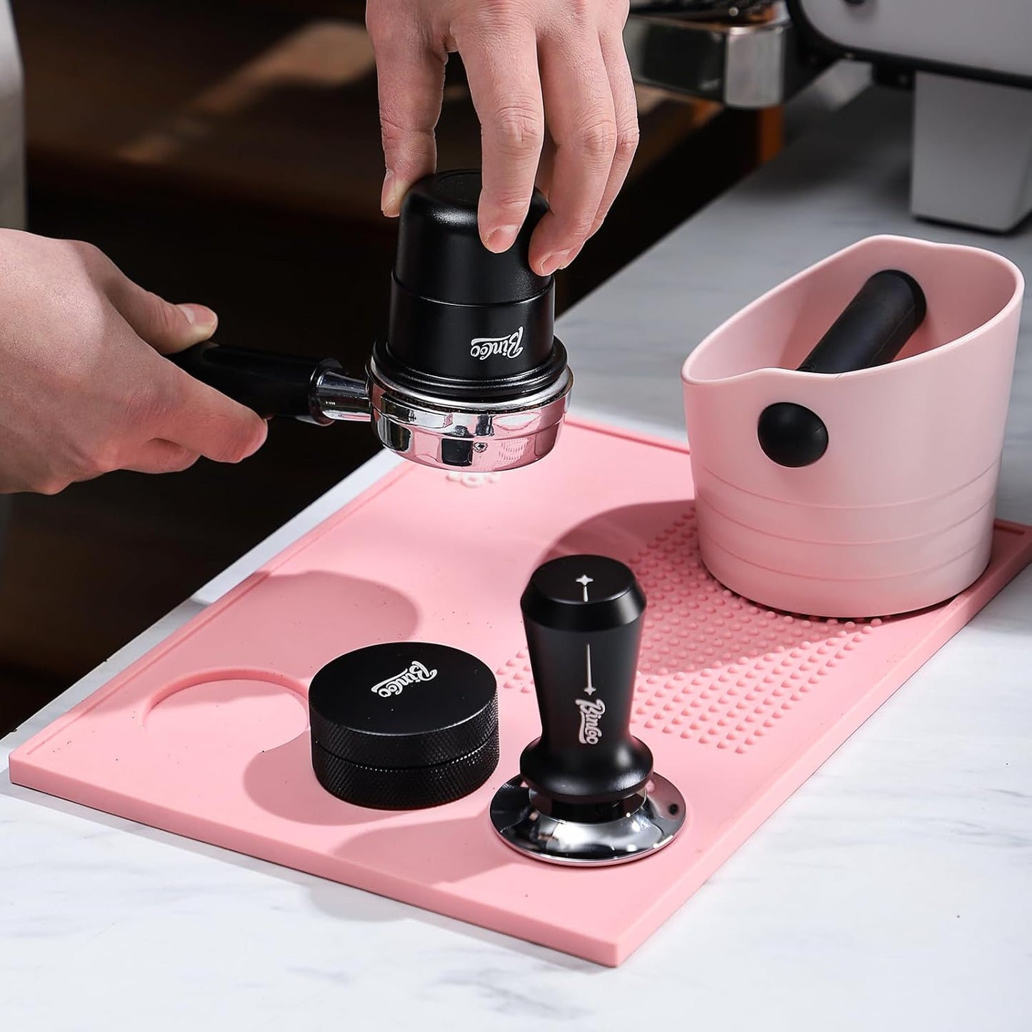 Bincoo Espresso Tamping Mat,Pink Silicone Coffee Tamper Mat,Silicone Tamping Pad for Barista Tool Home Kitchen Bar Coffee Shop