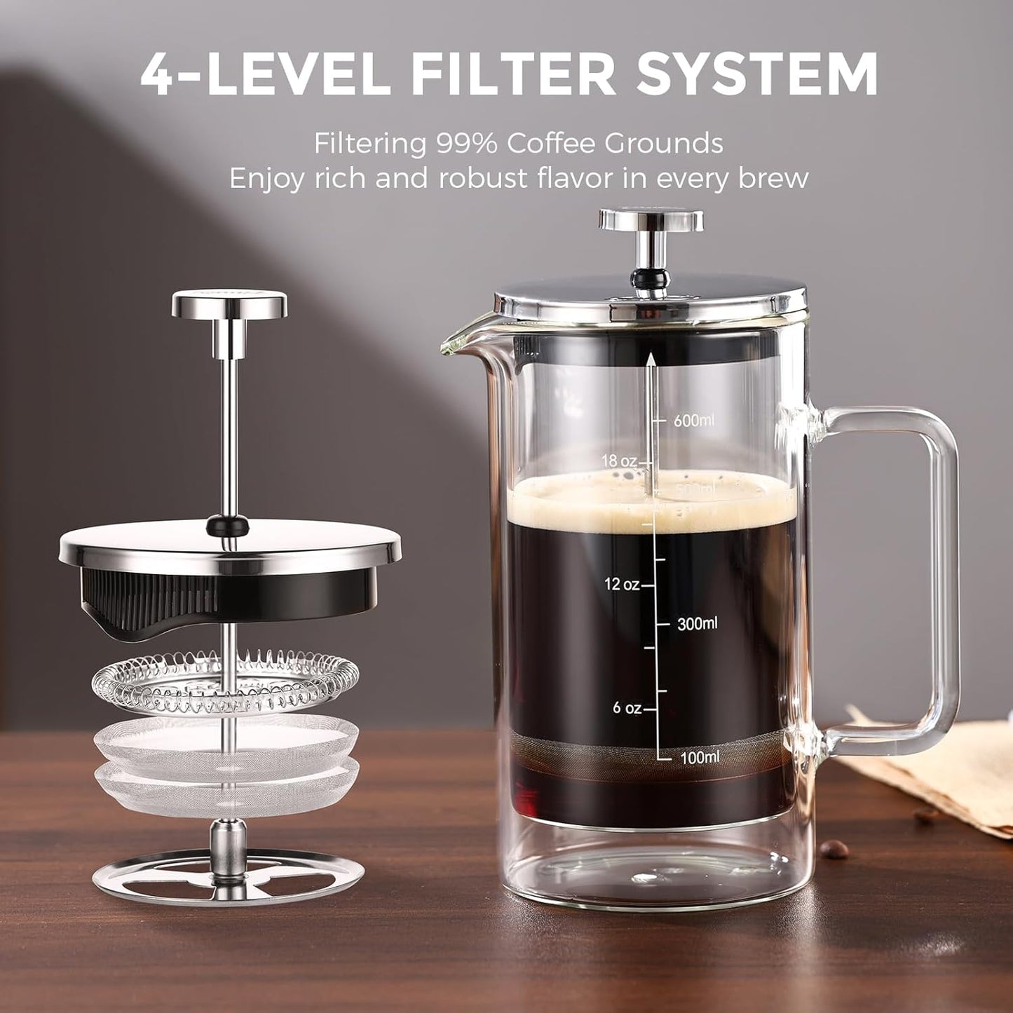 Bincoo KJ-68307 French Press Coffee Maker 600ML,Double Wall Insulated Borolicate Glass French Press for Tea and Frothed Milk Press