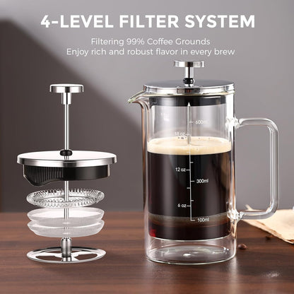 Bincoo KJ-68307 French Press Coffee Maker 600ML,Double Wall Insulated Borolicate Glass French Press for Tea and Frothed Milk Press