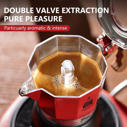 Stovetop Espresso Maker,Classic Aluminum Italian Coffee Maker,2Cups Moka Pot for Italian and Cuban Café Brewing, Double Valve Extraction (Red Black, 2 Cups)