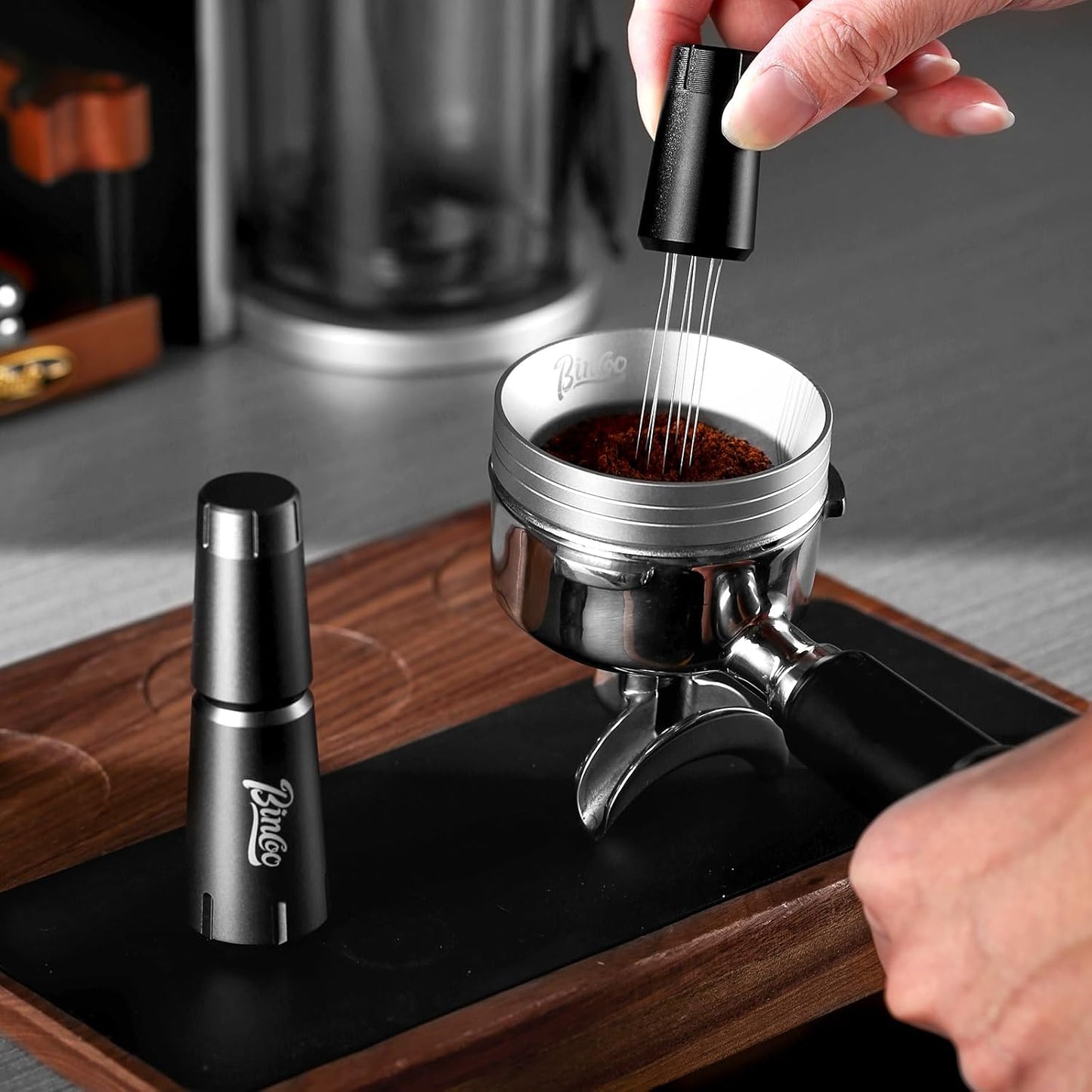 Espresso WDT Tool with Stand - Espresso Coffee Stirrer,Espresso Distribution Tools with Extra 8 Replaceable Needles 0.4mm, Aluminum Alloy Handle (Gray)