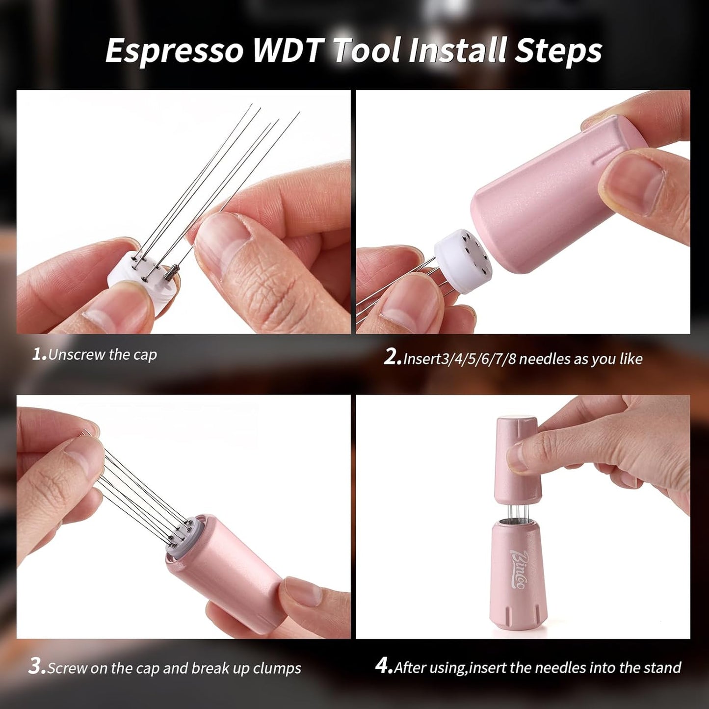 Pink WDT Tool - WDT Espresso Distribution Tool with Stand,Espresso Stirrer Tool for Barista, Stainless Steel 8 Needles 0.4mm,Aluminum Alloy Handle