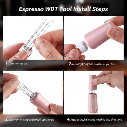 Pink WDT Tool - WDT Espresso Distribution Tool with Stand,Espresso Stirrer Tool for Barista, Stainless Steel 8 Needles 0.4mm,Aluminum Alloy Handle