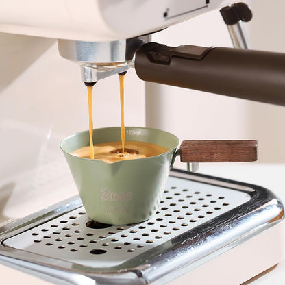 Green Espresso Shot Cup Set of 2,Stainless Steel Espresso Measuring Cup with Wood Handle,120ML Espresoo Coffee Pouring Cup,2 Pack