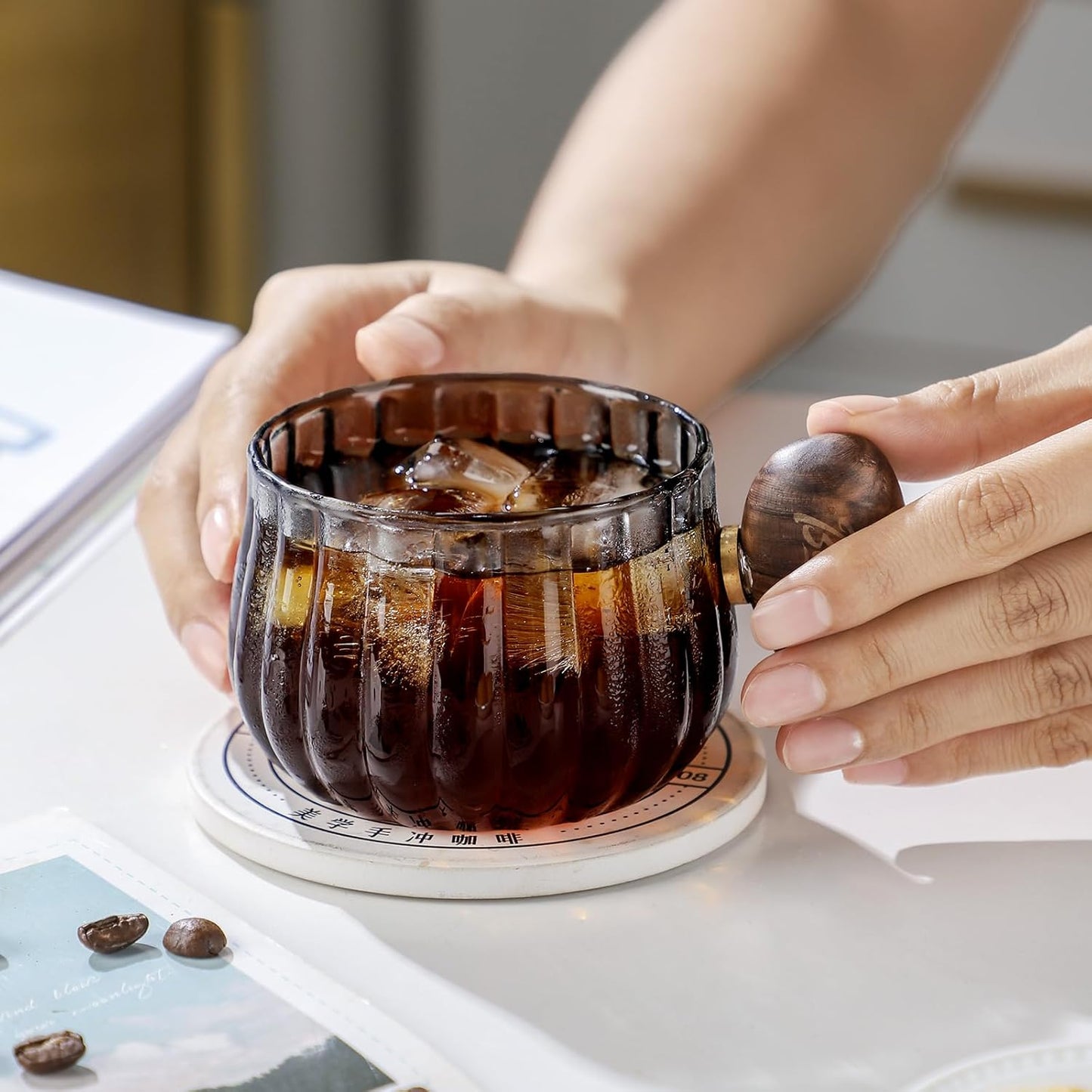 Bincoo GYJ60366 Iced Coffee Cups Set of 2,Clear Glass Coffee Mug Set Latte Glasses,250ml Cappuccino Mugs Espresso Coffee Cups with Handle (Gray)