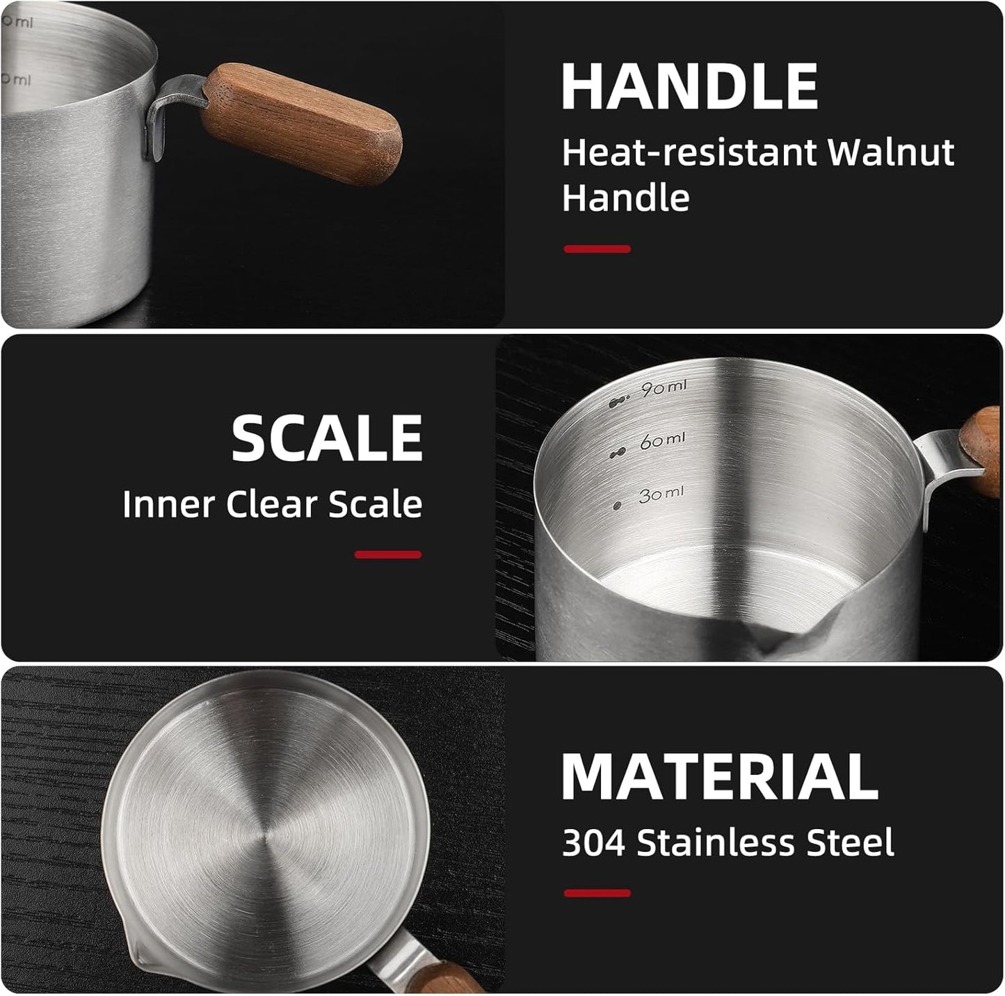 Bincoo GYKF2244 Espresso Shot Cup with Wood Handle,100ML Stainless Steel Espresso Measuring Cup Pouring Cup for Coffee Machine, Home, Barista