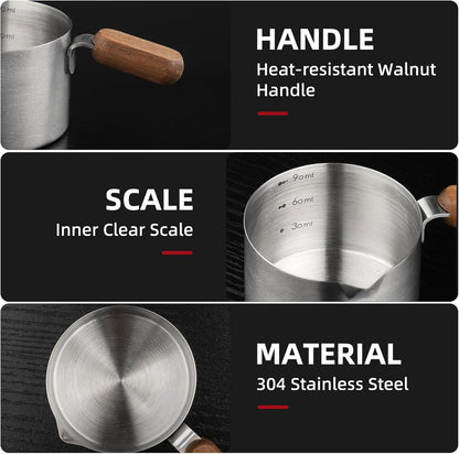 Bincoo GYKF2244 Espresso Shot Cup with Wood Handle,100ML Stainless Steel Espresso Measuring Cup Pouring Cup for Coffee Machine, Home, Barista