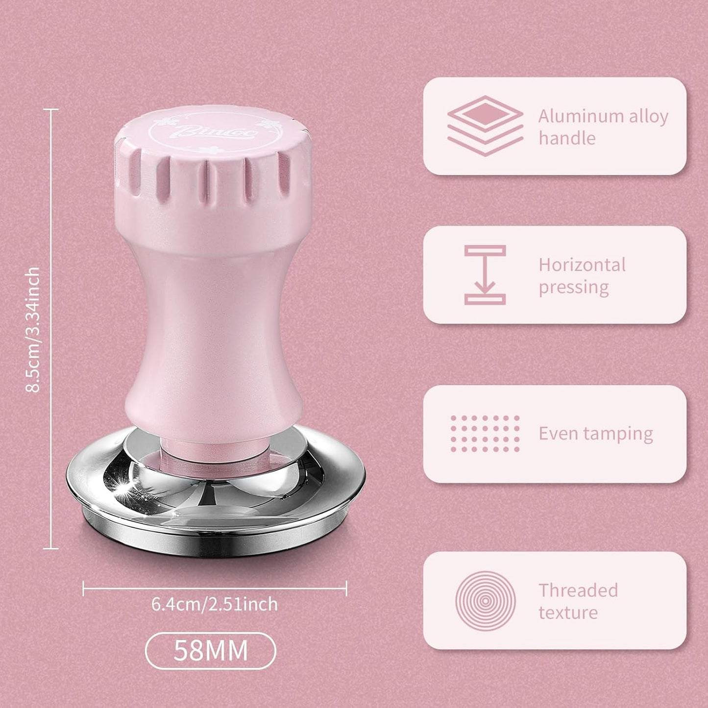 Bincoo 58mm Coffee Tamper Pink Color Premium Espresso Coffee Tamper with Calibrated Spring Loaded Flat Stainless Steel Base, Constant 30lb Espresso Machine Accessories