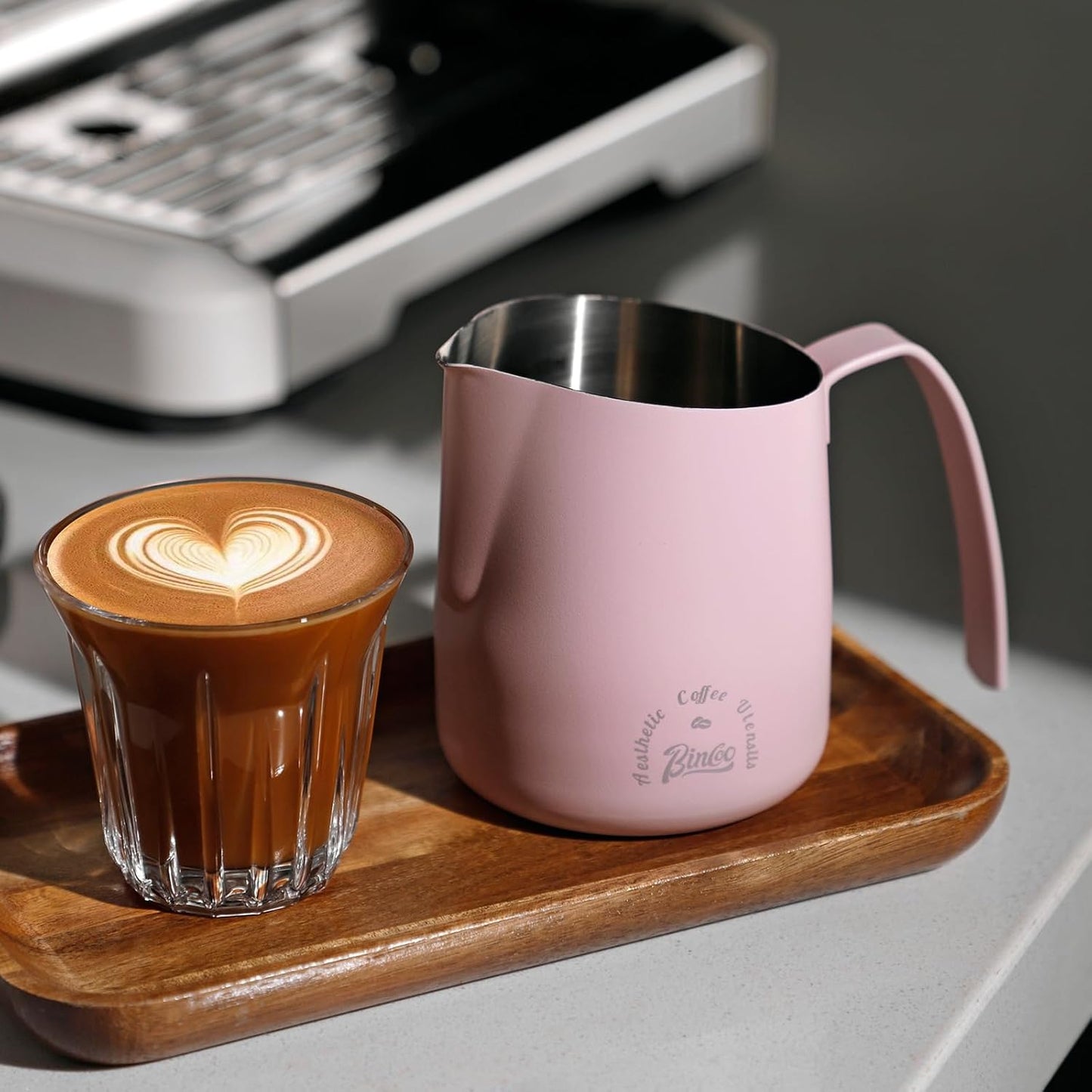 Milk Frothing Pitcher 500ML - Pink Espresso Steaming Pitcher, Stainless Steel Coffee Milk Frothing Cup with Large Handle and Scale, Espresso Machine Accessories for Barista