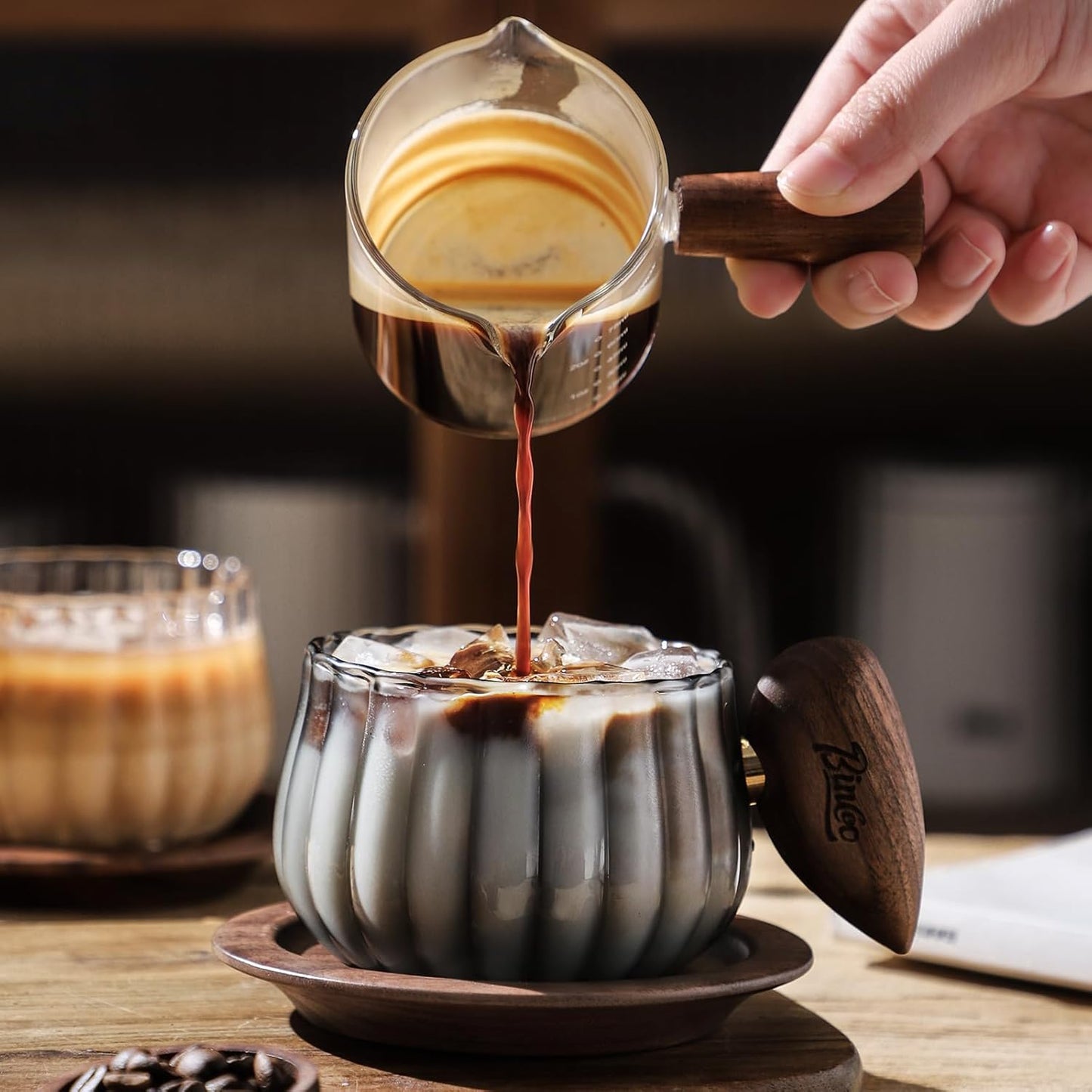 Bincoo GYJ60366 Iced Coffee Cups Set of 2,Clear Glass Coffee Mug Set Latte Glasses,250ml Cappuccino Mugs Espresso Coffee Cups with Handle (Gray)