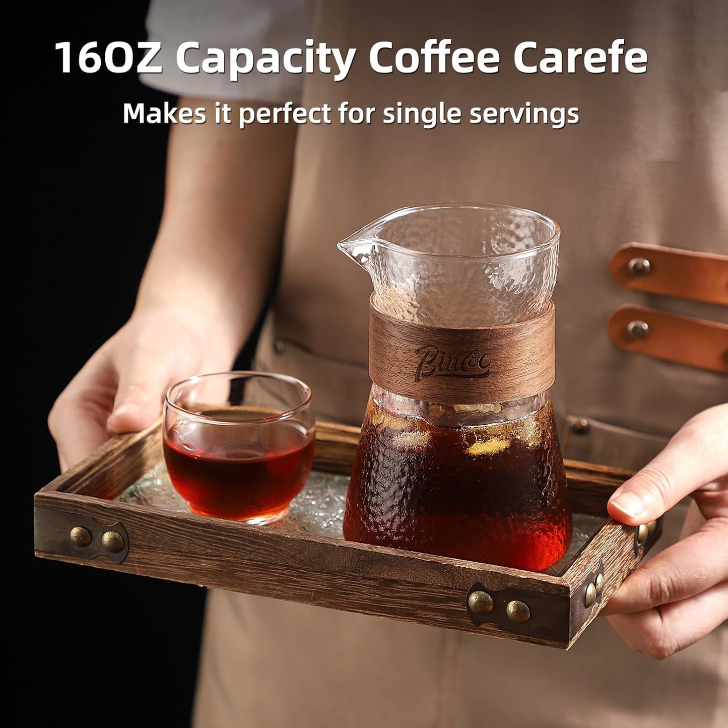 Bincoo GYKF1335 Glass Coffee Server 500ML/16oz - Glass Coffee Carafe with Heat-Resistant Wood Loop,Clear Coffee Decanter Coffee Server for Pour Over, Coffee Pot