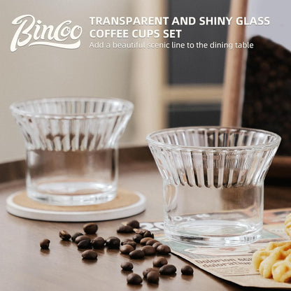 Bincoo Glass Iced Coffee Cups Set - 7oz Reusable Ribbed Glass Tumblers,Vintage Glassware for Wine, Juice, Cocktails, Water, Iced Coffee, Whiskey, Set of 2