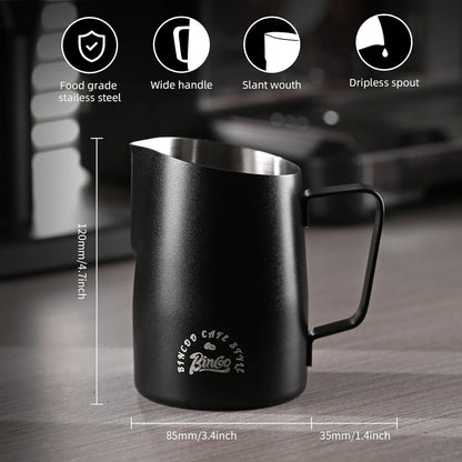 Milk Frothing Pitcher, 20OZ/600ML Stainless Steel Espresso Steaming Pitcher Coffee Milk Frother Cup with Handle and Scale (Black)