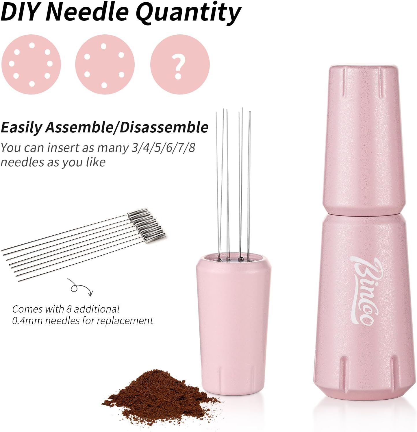 Pink WDT Tool - WDT Espresso Distribution Tool with Stand,Espresso Stirrer Tool for Barista, Stainless Steel 8 Needles 0.4mm,Aluminum Alloy Handle