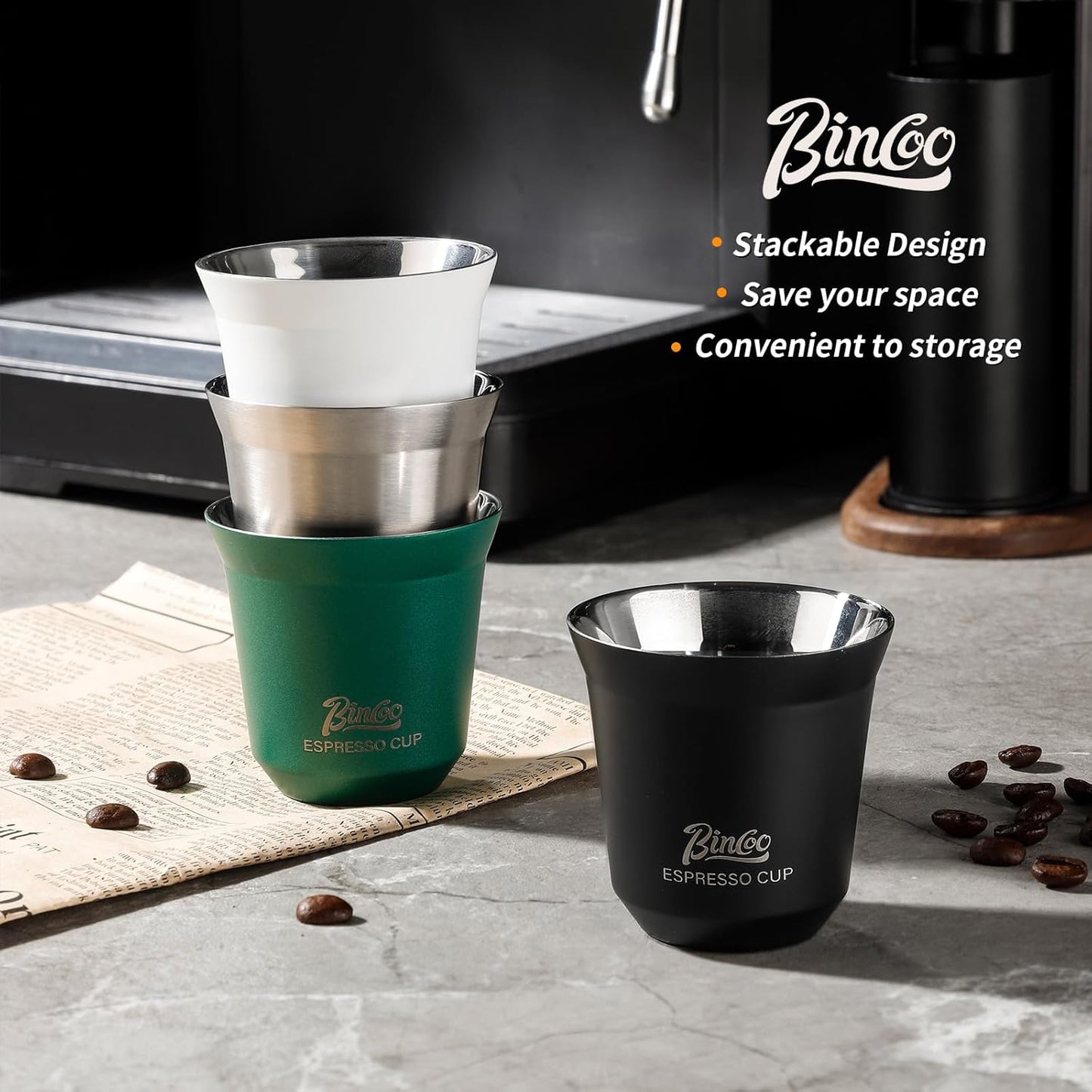 Bincoo Stainless Steel Espresso Shot Cups,2 Pack Stackable Double Wall Insulated Demitasse Cups Espresso Cup,Set of 2
