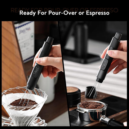 Retractable WDT Tool Espresso Distribution Tool - Coffee Distributor Espresso Stirrer for Barista with Storage Stand & Extra 6 Replaceable Needles (Black)
