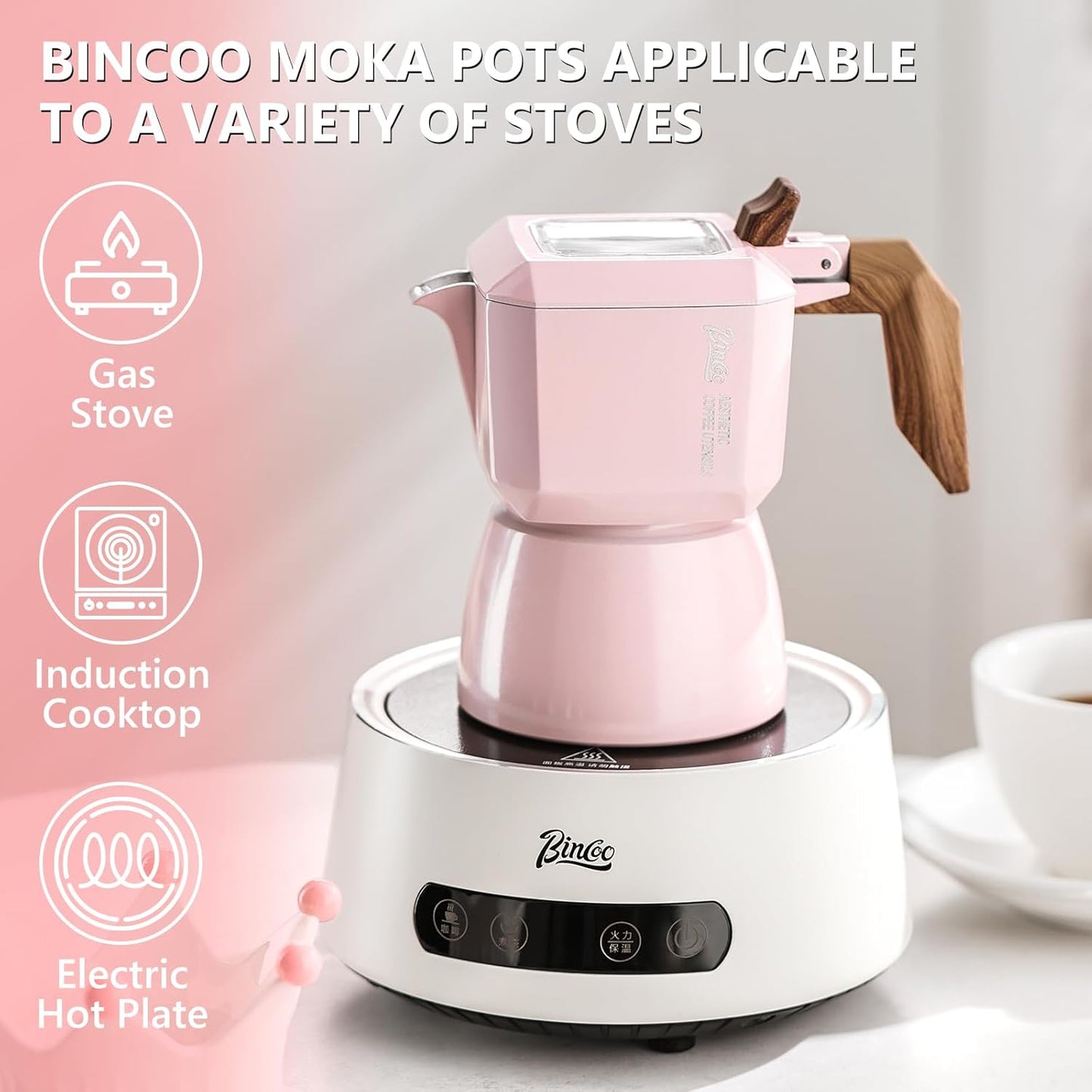 Bincoo Pink Espresso Maker Stovetop, Moka Coffee Pot for Electric Stovetop 2 Cups, Italian Espresso Coffee maker for Cappuccino or Latte,120ml Pink Espresso Machine
