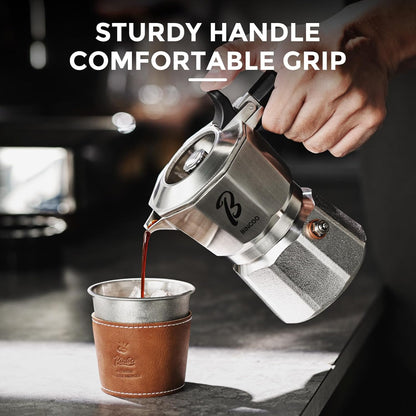 Bincoo Italian Moka Pot - Stovetop Espresso Maker for Rich Coffee,316 Stainless Steel - Three-Valve Pressure Boosting Design (Silver 02)