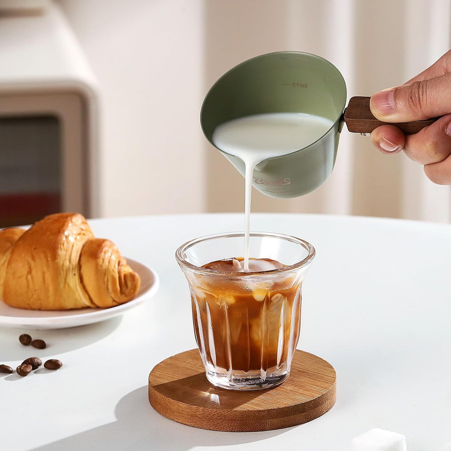 Green Espresso Shot Cup Set of 2,Stainless Steel Espresso Measuring Cup with Wood Handle,120ML Espresoo Coffee Pouring Cup,2 Pack