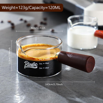 Espresso Shot Glasses with Wood Handle - 120ml Glass Coffee Bean Dosing Cup with Dual Spout,Clear Espresso Measuring Cup Glass for Barista Coffee Measure