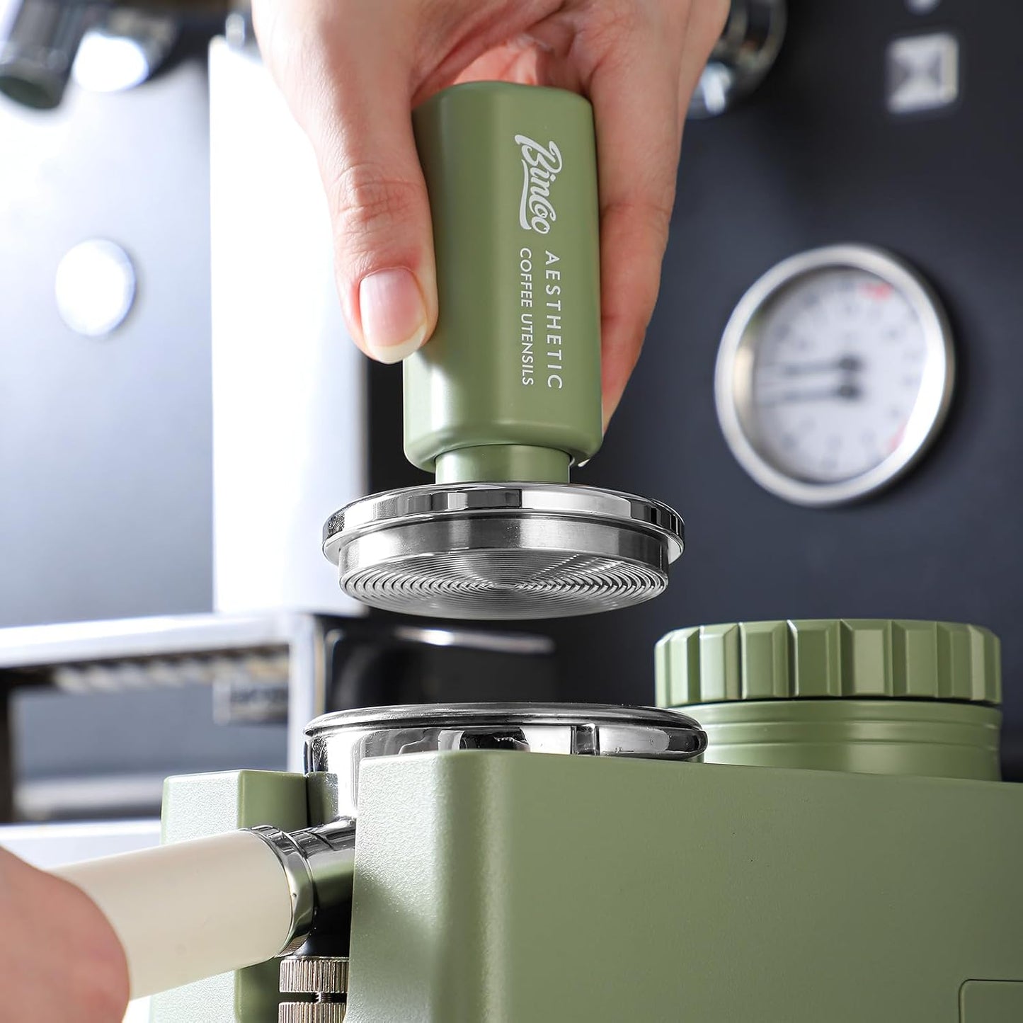58mm Espresso Tamper - 58mm Coffee Tamper with Spring Loaded and Stainless Steel Ripple Base,Adjustable Depth Espresso Hand Tampers for 58mm Portafilter (Green)