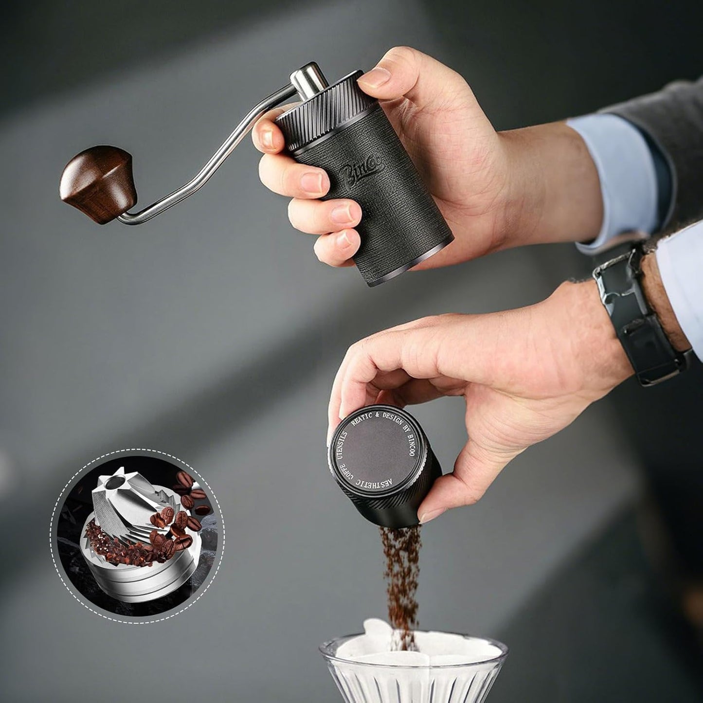 Manual Coffee Bean Grinder, Portable Hand Espresso Grinder with 6 Star CNC Stainless Steel Conical Burr,16 Internal Adjustable Setting and Double Bearing, Portable Carry Bag, 25g Capacity