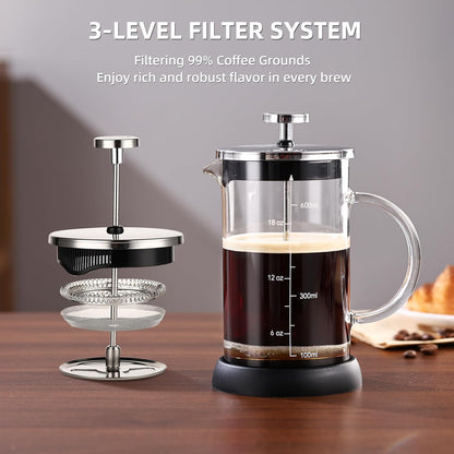 Bincoo French Press Coffee Maker 600ML - Single Layer Borolicate Glass Travel Coffee Press,Tea and Frothed Milk Press, Easy to Use