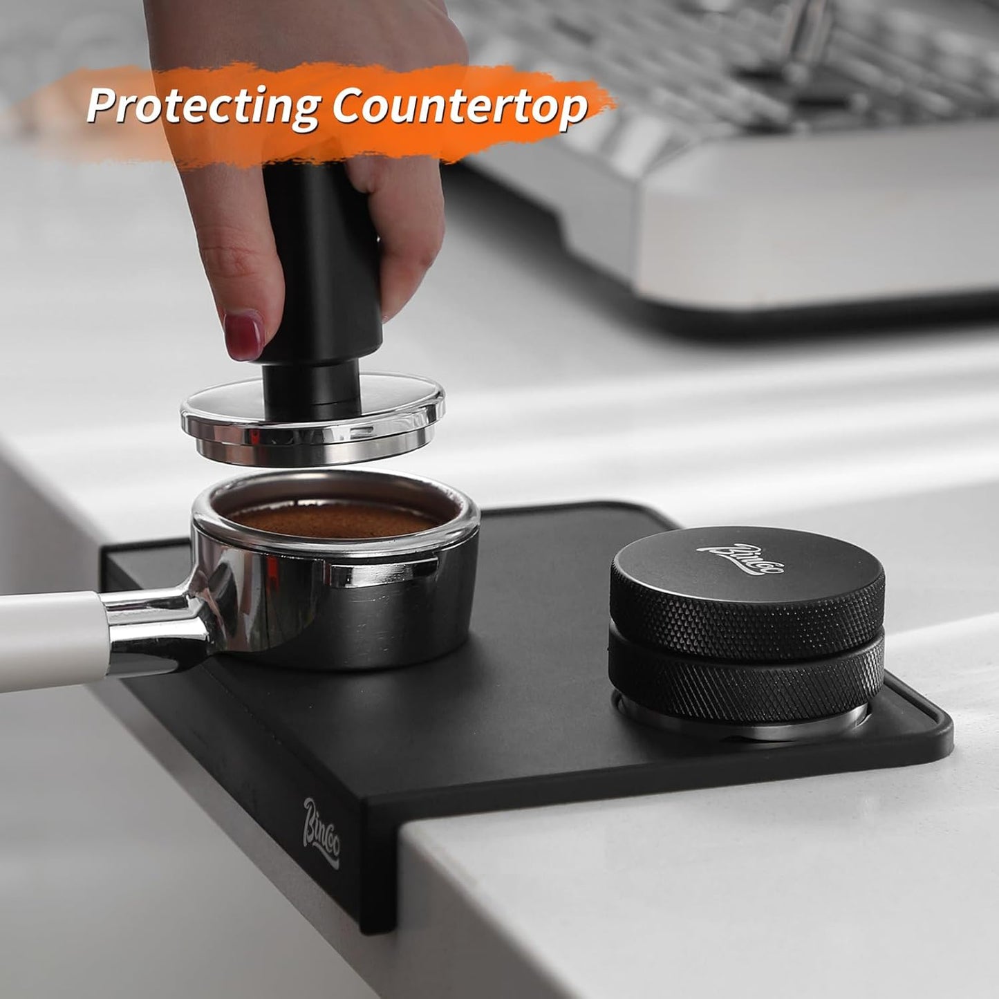 Espresso Tamping Mat,Black Corner Coffee Tamper Mat,Silicone Espresso Pad with Corner Edge Tamp Support Station for Barista Tools