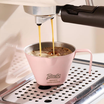 Pink Espresso Measuring Cup with Handle - 2 Pack Stainless Steel Espresso Pouring Cup with Double Spout,100ML Espresso Shot Cup for Coffee Bean,Tomato,Sauce,Milk