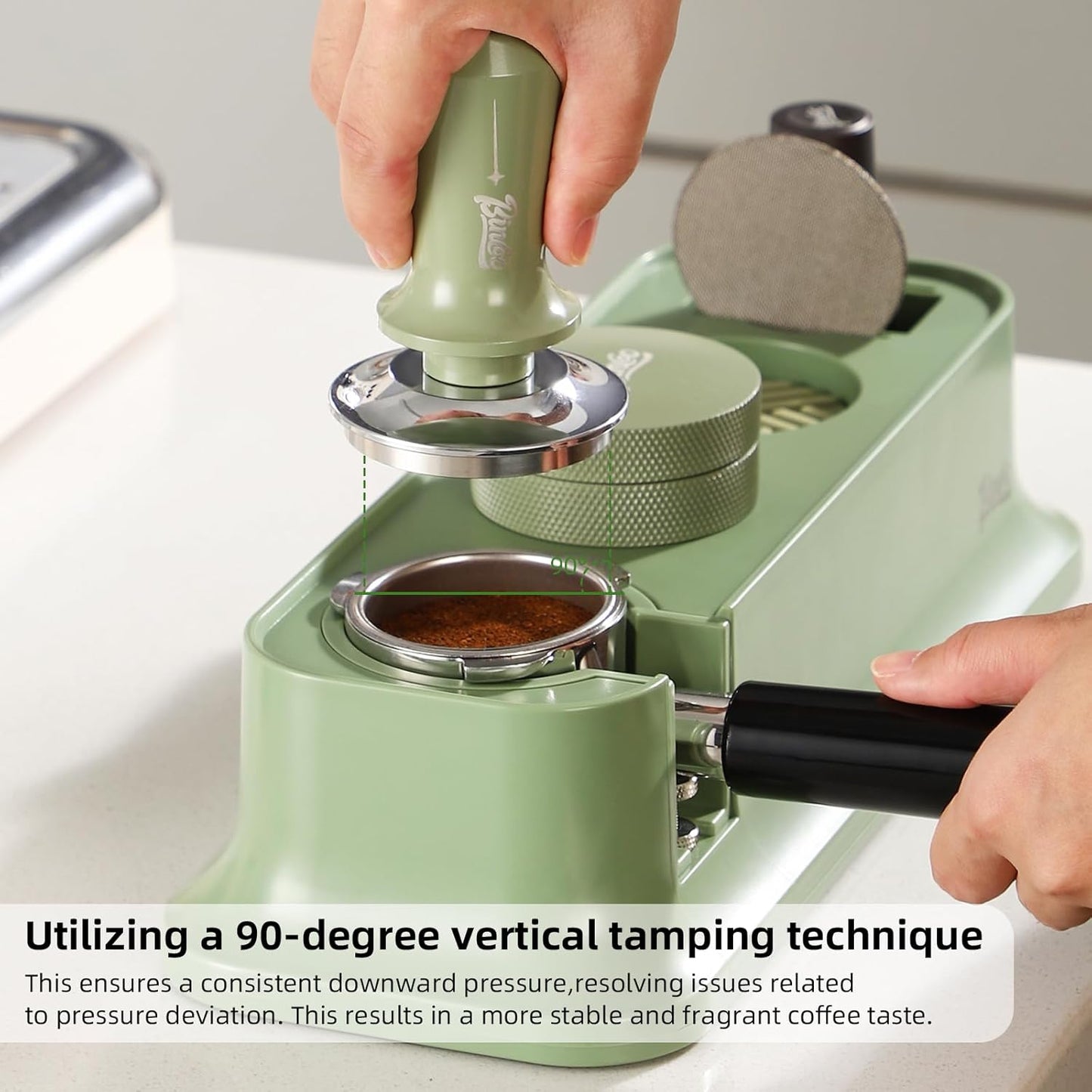 Coffee Tamper 58mm - Bincoo Green Romantic Espresso Coffee Tamper with Calibrated Spring Loaded, 100% Flat Stainless Steel Base, Espresso Accessories, Adjustable Depth.
