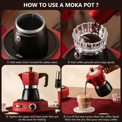 Stovetop Espresso Maker,Classic Aluminum Italian Coffee Maker,2Cups Moka Pot for Italian and Cuban Café Brewing, Double Valve Extraction (Red Black, 2 Cups)