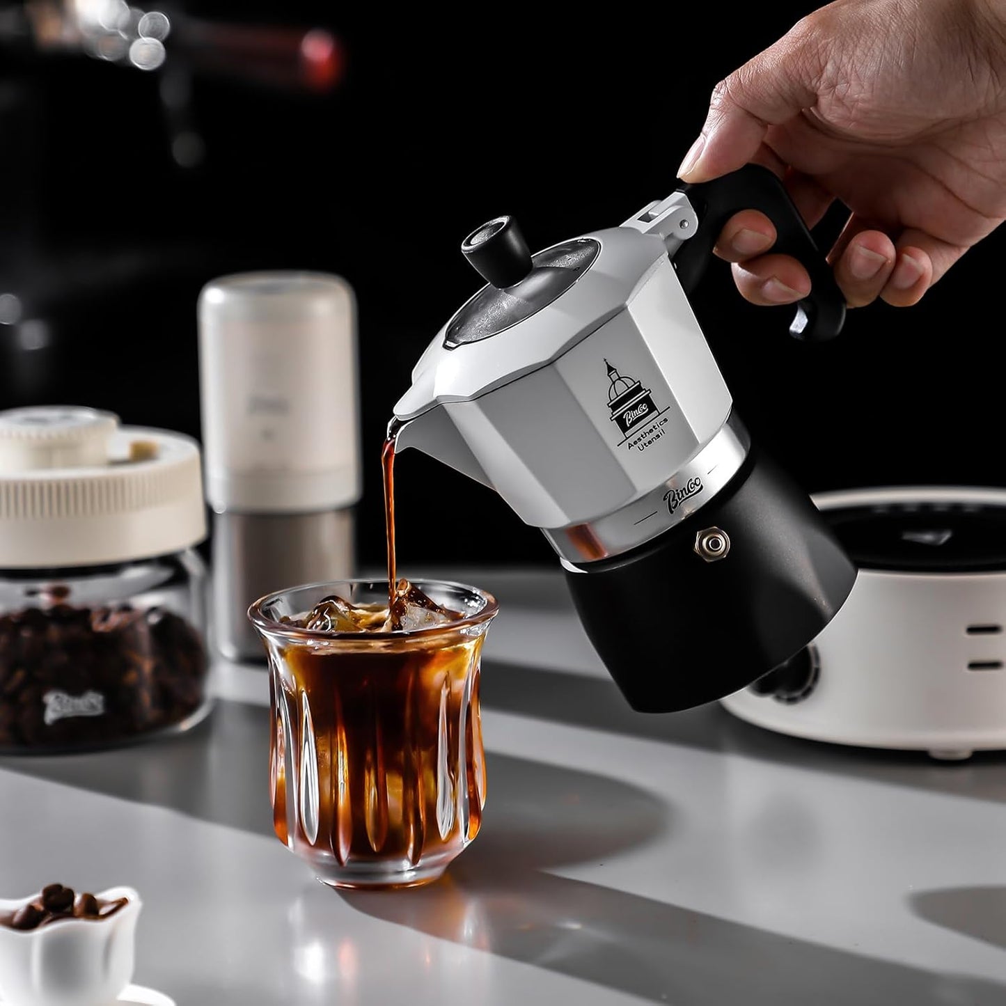 Bincoo Stovetop Espresso Maker,Classic Aluminum Italian Coffee Maker,2Cups Moka Pot for Italian and Cuban Café Brewing, Double Valve Extraction (White-Black, 2 Cups)