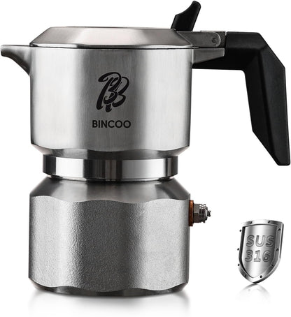 Bincoo Italian Moka Pot - Stovetop Espresso Maker for Rich Coffee,316 Stainless Steel - Three-Valve Pressure Boosting Design (Silver 02)