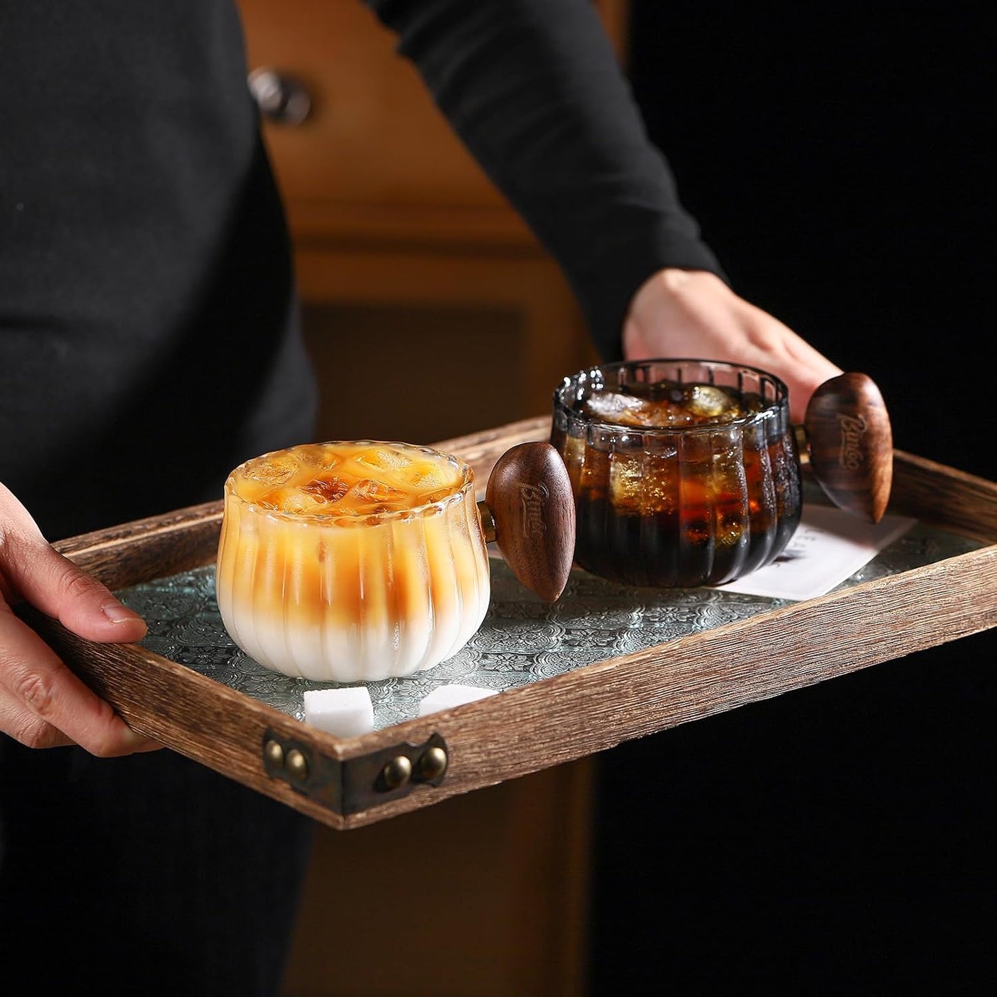 Bincoo GYJ60366 Iced Coffee Cups Set of 2,Clear Glass Coffee Mug Set Latte Glasses,250ml Cappuccino Mugs Espresso Coffee Cups with Handle