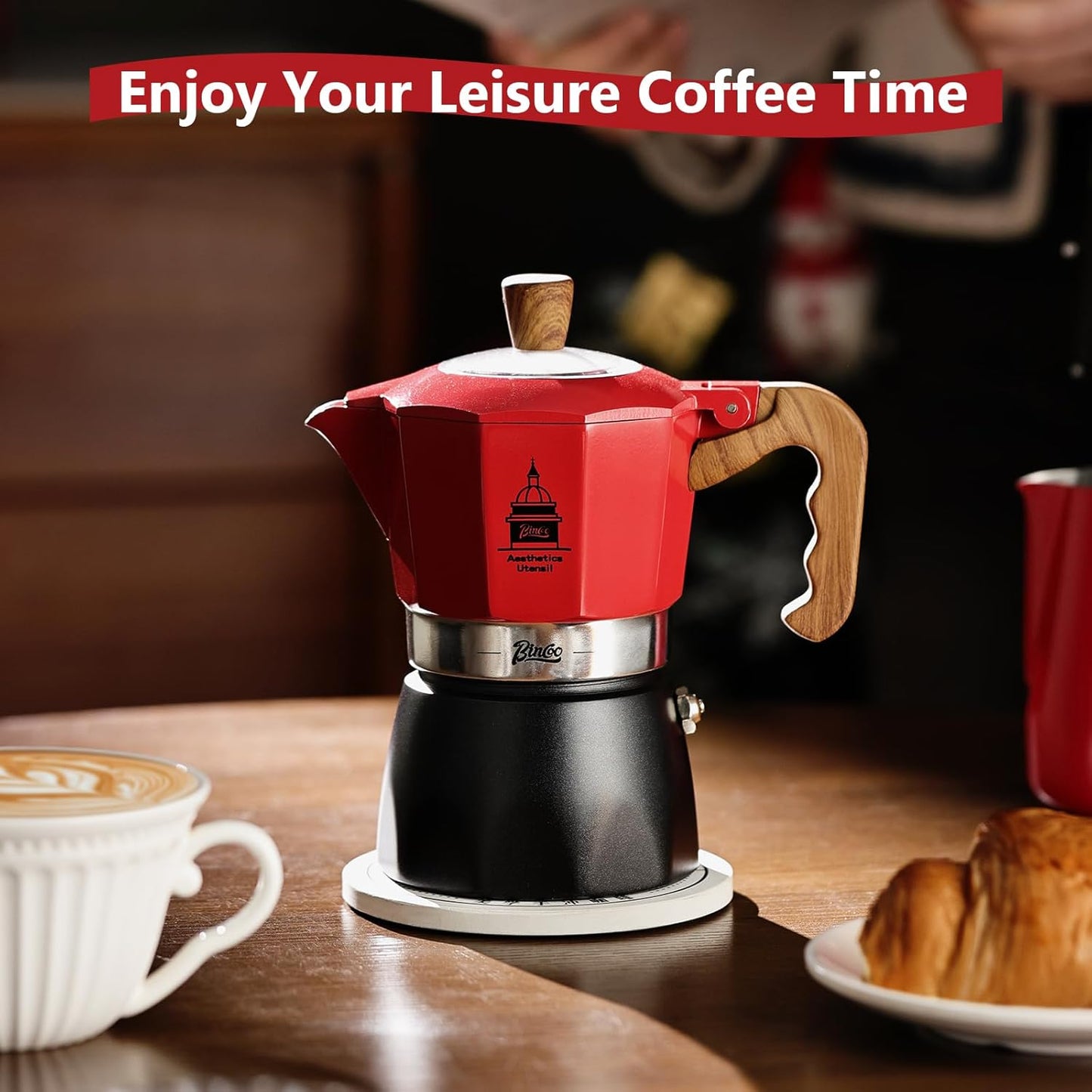 Stovetop Espresso Maker,Classic Aluminum Italian Coffee Maker,2Cups Moka Pot for Italian and Cuban Café Brewing, Double Valve Extraction (Red Black, 2 Cups)