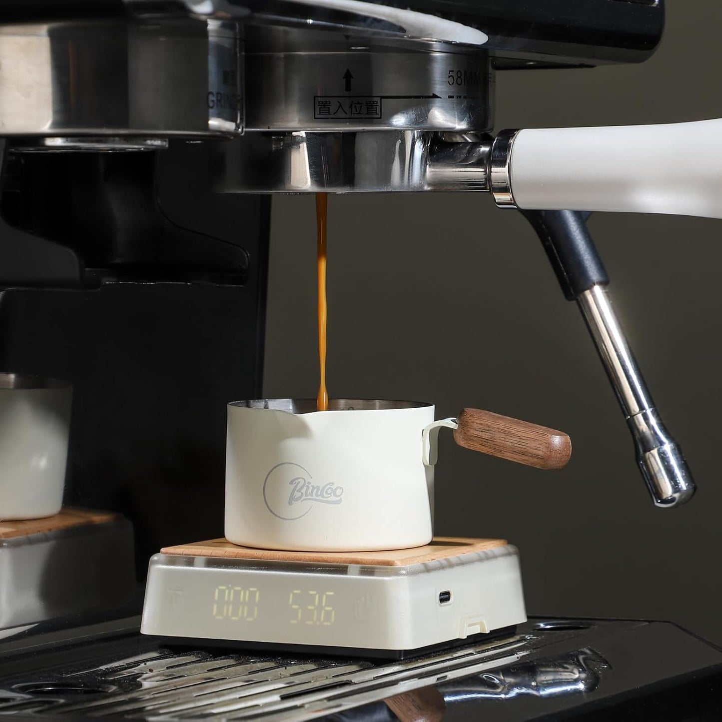 Bincoo GYKF2244 Espresso Shot Cup with Wood Handle,100ML Stainless Steel Espresso Measuring Cup Pouring Cup for Coffee Machine, Home, Barista