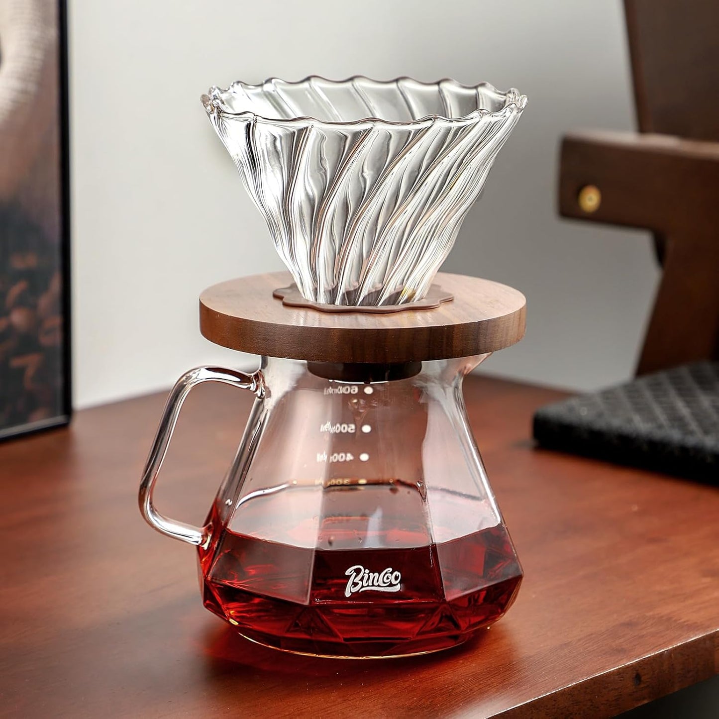 Pour Over Coffee Maker Set - Borosilicate Glass Dripper with Walnut Handle & Glass Lid, 50 pcs V60 Paper Filters Included - 600ml Pour Over Coffee Dripper for Home, Café, & Camping (Transparent)
